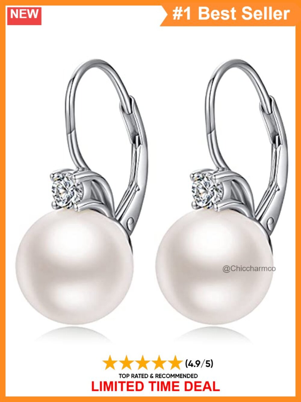 Sterling Silver Pearl Leverback Dangle Earrings 10mm